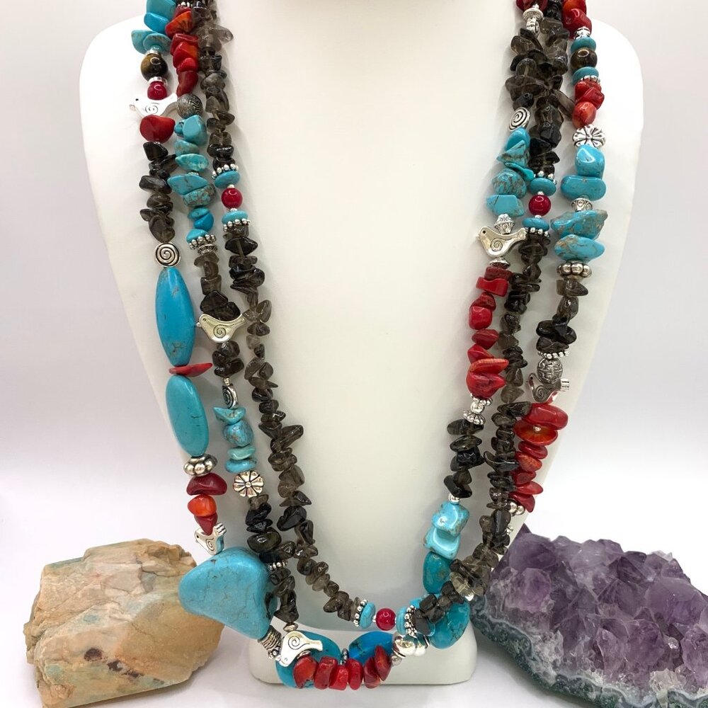 Turquoise Smoky Quartz Coral Stone Silver Bird Handcrafted Southwestern Necklace
